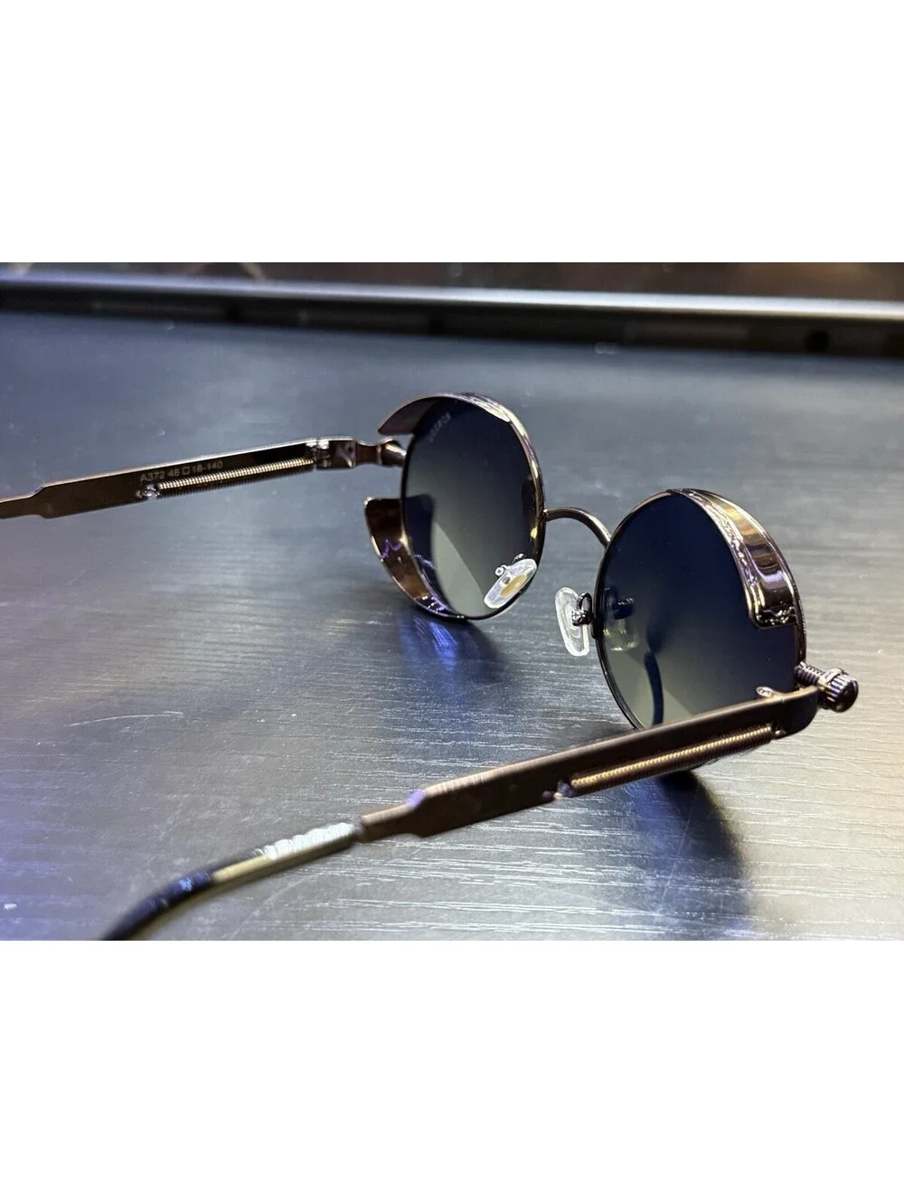 RONSOU Steampunk Round Sunglasses Blue Mirror Lens Side Shields Retro